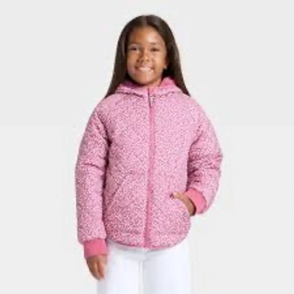 Cat & Jack Girls Pink Floral Quilted Puffer Jacket Faux Fur Lined Hooded L 10/12